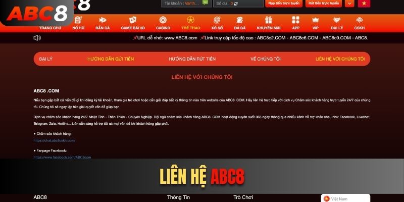 Một số cách thức liên hệ với nhà cái ABC8